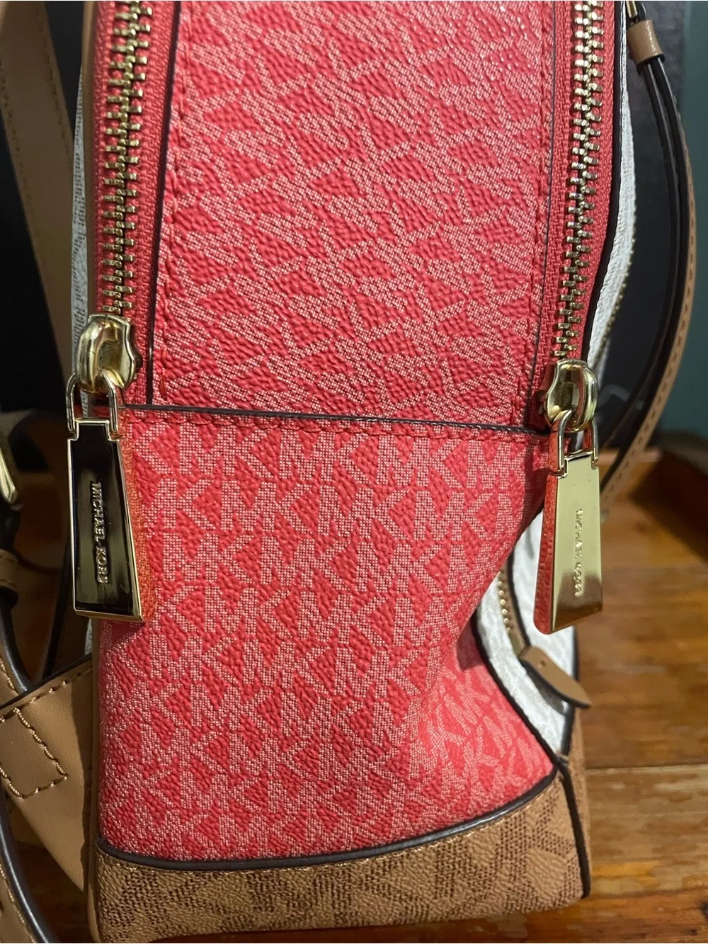 Michael Kors Cream, Red and Brown Signature Logo Backpack